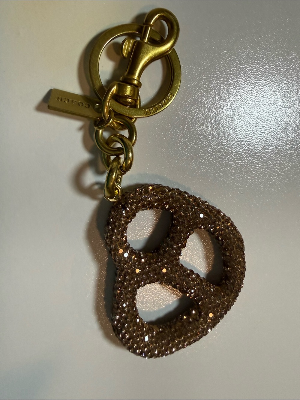 Coach Brown Crystal Pretzel Key & Card Holder Charm with Gold Hardware